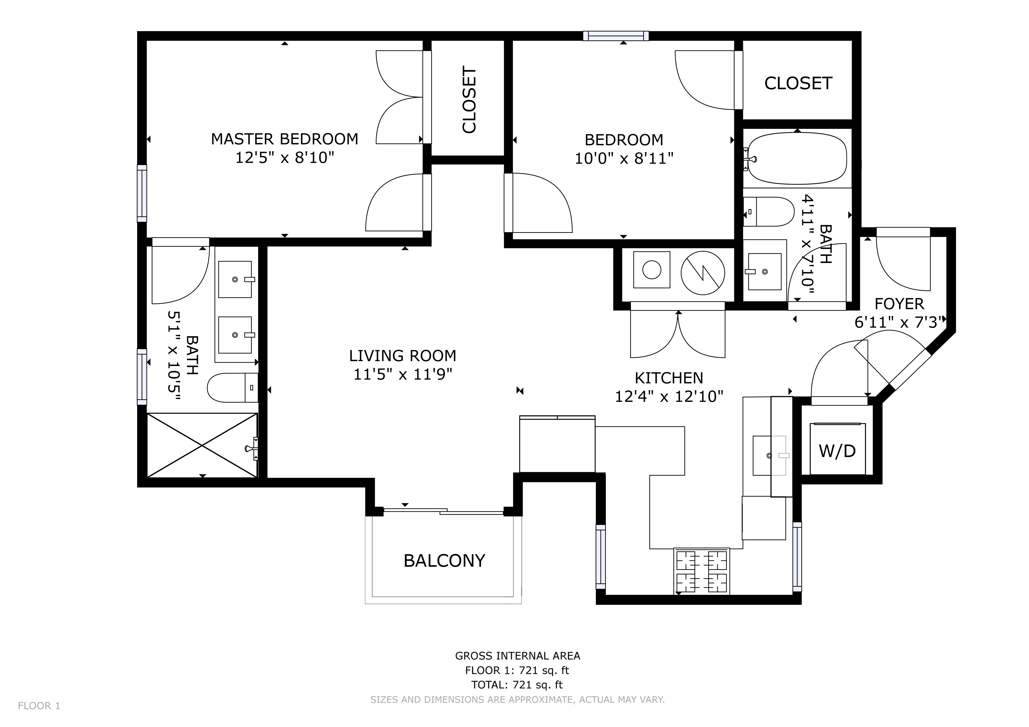 Floor plan for 2 beds, 2 baths, 1000 sqft